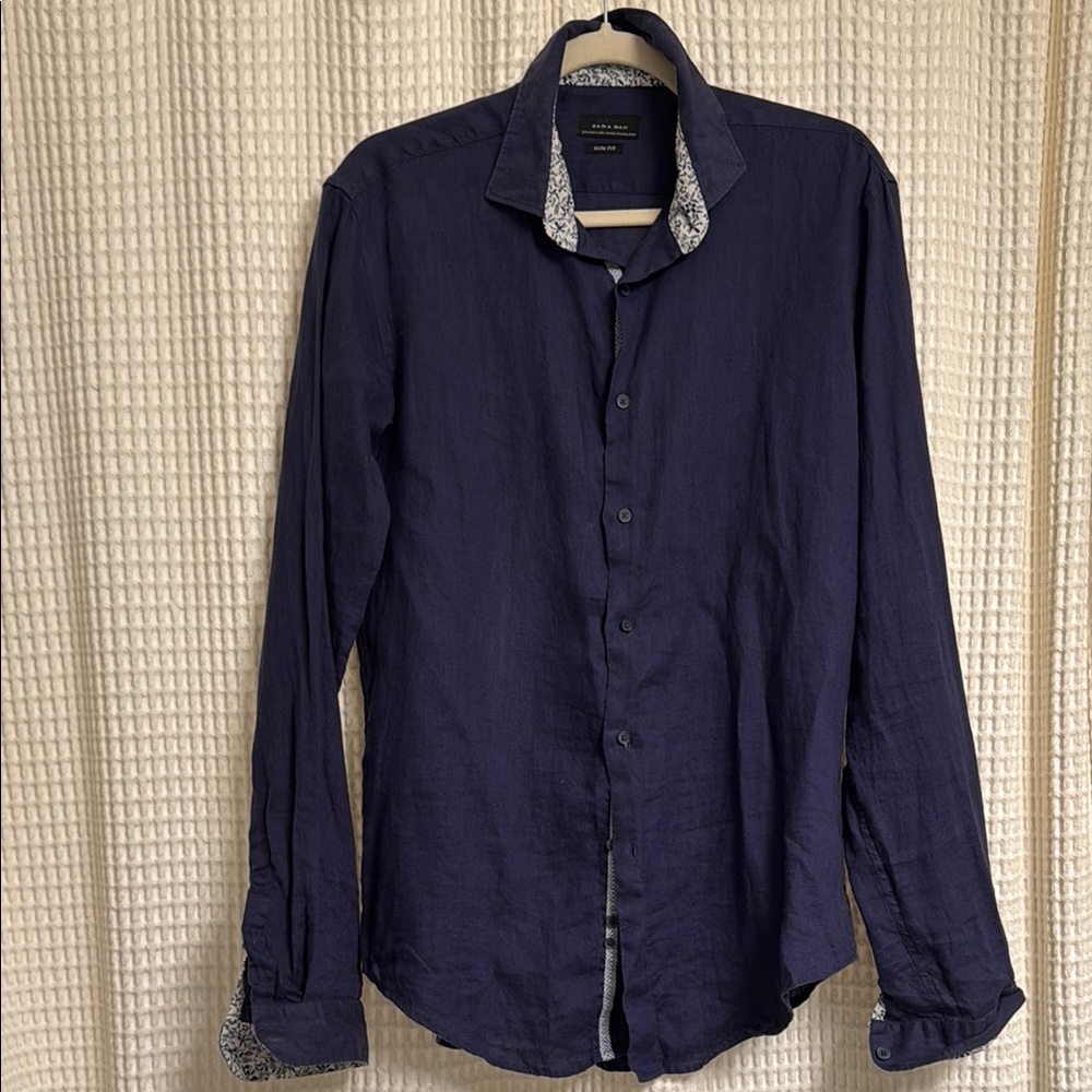Zara Linen Blue Casual Button Down Shirt with Classic Collar